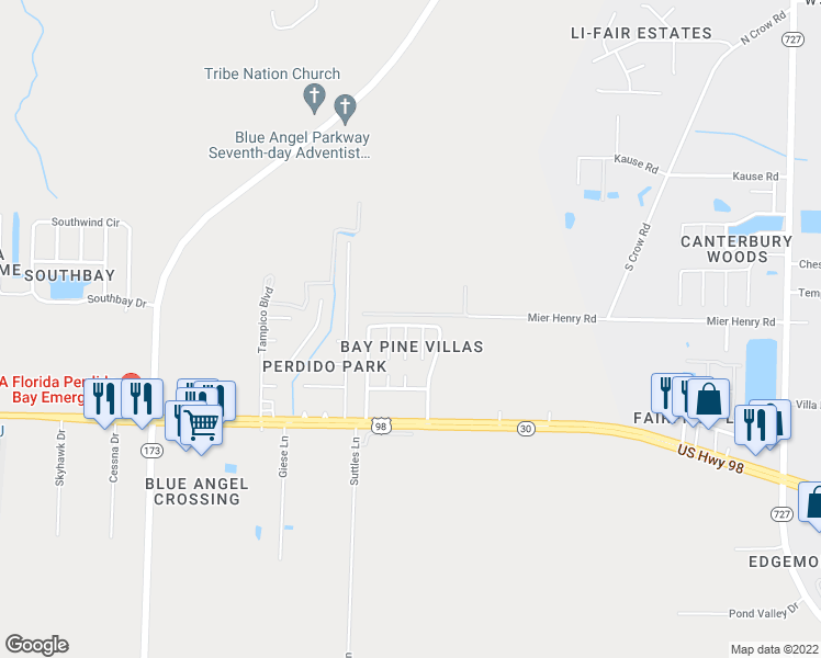 map of restaurants, bars, coffee shops, grocery stores, and more near 400 Shadow Way Lane in Pensacola