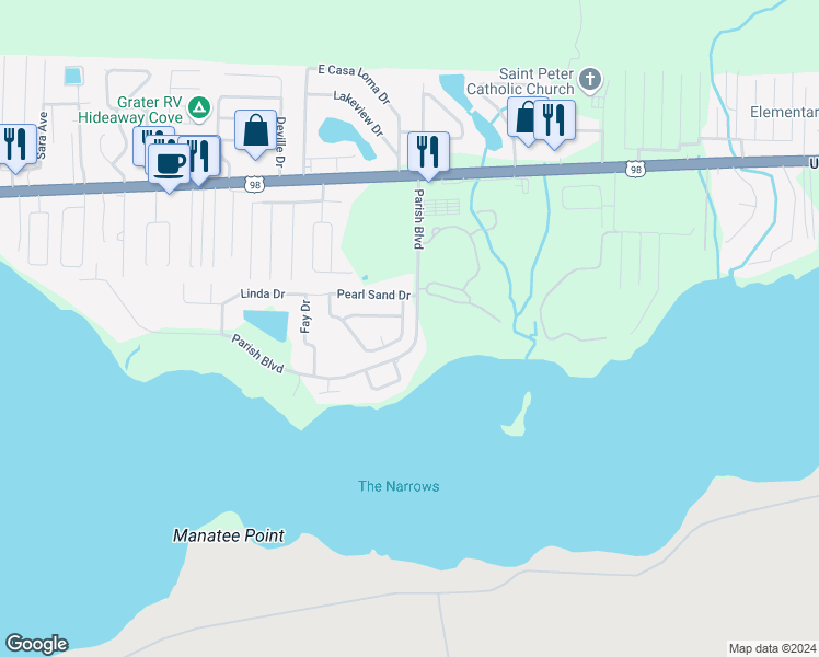 map of restaurants, bars, coffee shops, grocery stores, and more near 430 Pristine Water Lane in Mary Esther