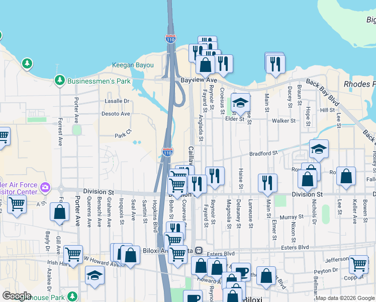map of restaurants, bars, coffee shops, grocery stores, and more near 357 Caillavet Street in Biloxi