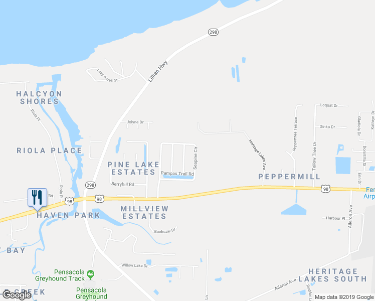 map of restaurants, bars, coffee shops, grocery stores, and more near 646 Cedar Bluff Drive in Pensacola