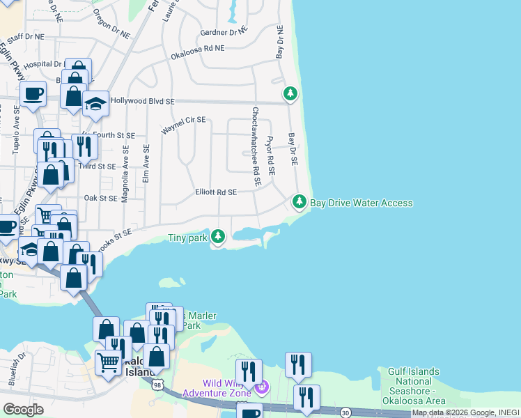 map of restaurants, bars, coffee shops, grocery stores, and more near 351 Brooks Street Southeast in Fort Walton Beach