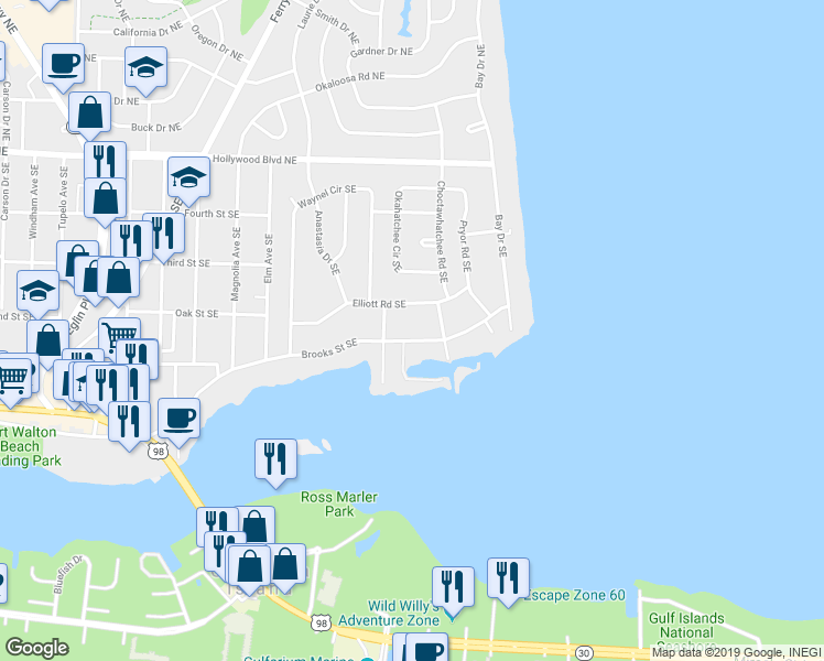 map of restaurants, bars, coffee shops, grocery stores, and more near 343 Brooks Street Southeast in Fort Walton Beach