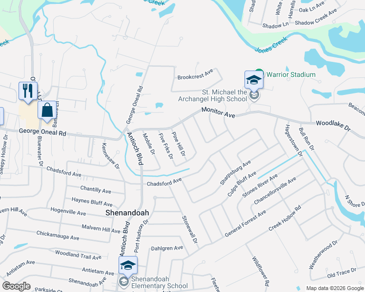 map of restaurants, bars, coffee shops, grocery stores, and more near 4941 Pine Hill Drive in Baton Rouge