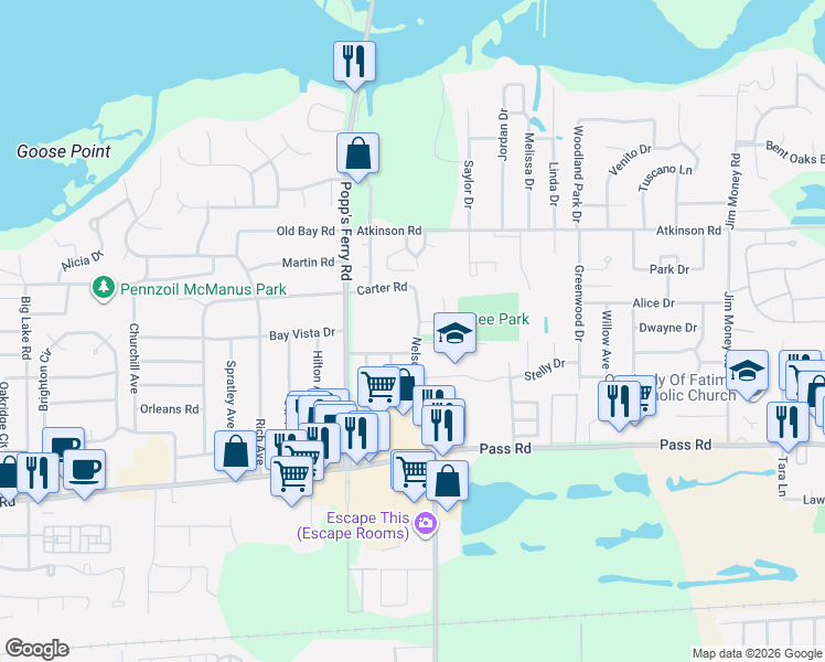 map of restaurants, bars, coffee shops, grocery stores, and more near 377 Nelson Road in Biloxi