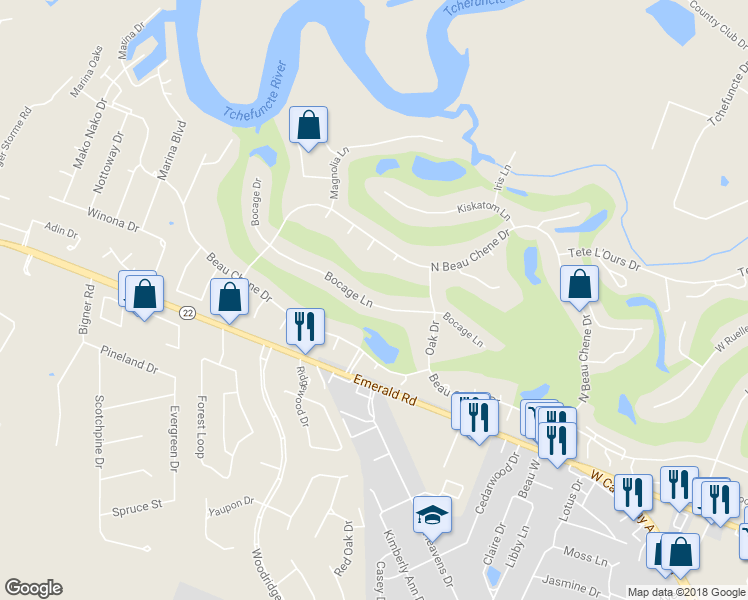 map of restaurants, bars, coffee shops, grocery stores, and more near 749 Bocage Lane in Mandeville