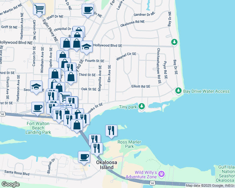 map of restaurants, bars, coffee shops, grocery stores, and more near 119 Waynel Circle Southeast in Fort Walton Beach