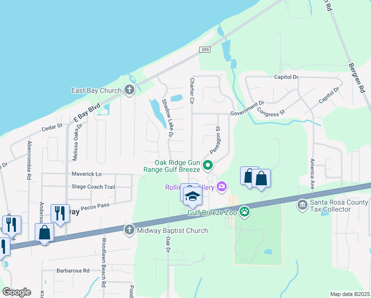 map of restaurants, bars, coffee shops, grocery stores, and more near 5600 Shadow Shore Place in Gulf Breeze