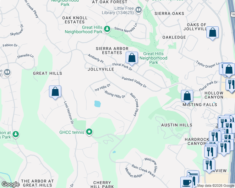 map of restaurants, bars, coffee shops, grocery stores, and more near 10303 Rising Hills Circle in Austin
