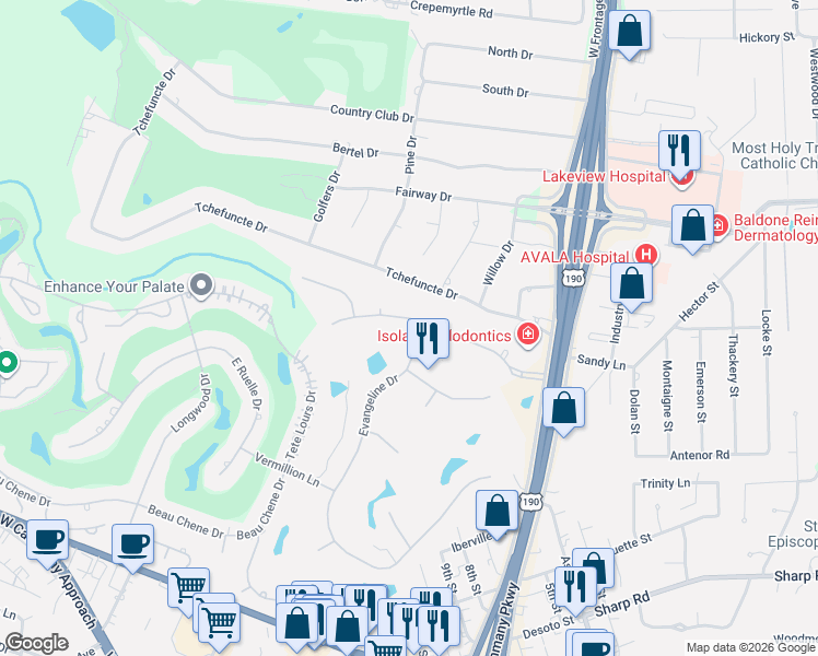 map of restaurants, bars, coffee shops, grocery stores, and more near 125 Fontainbleau Dr in Mandeville