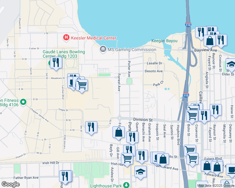 map of restaurants, bars, coffee shops, grocery stores, and more near 347 Forrest Avenue in Biloxi