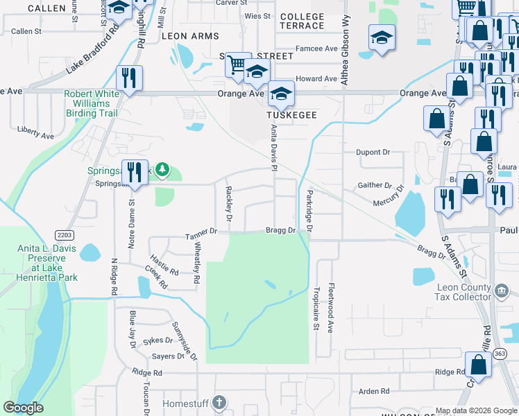 map of restaurants, bars, coffee shops, grocery stores, and more near 711 Brookridge Drive in Tallahassee