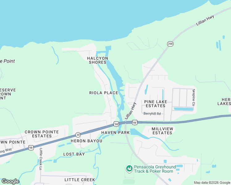 map of restaurants, bars, coffee shops, grocery stores, and more near 580 Riola Place in Pensacola