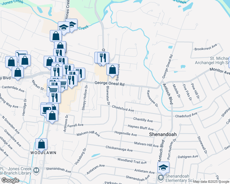 map of restaurants, bars, coffee shops, grocery stores, and more near 5142 Berryville Court in Baton Rouge