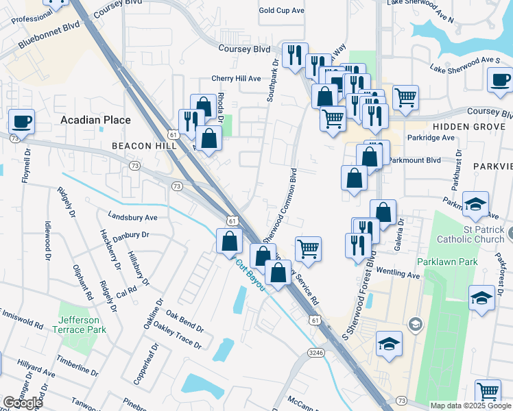 map of restaurants, bars, coffee shops, grocery stores, and more near 4747 Southpark Drive in Baton Rouge