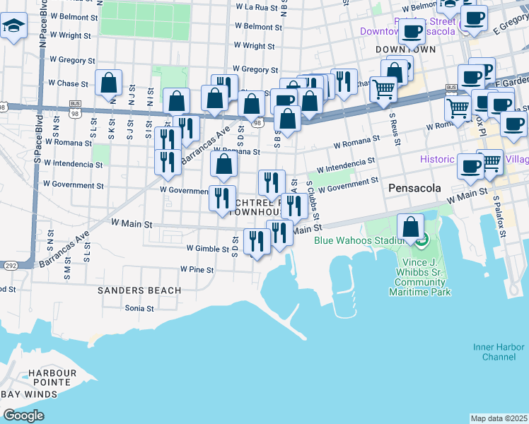 map of restaurants, bars, coffee shops, grocery stores, and more near 960 West Zarragossa Street in Pensacola