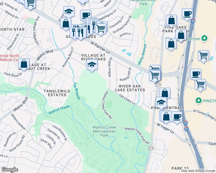 map of restaurants, bars, coffee shops, grocery stores, and more near 12300 Willow Wild Drive in Austin