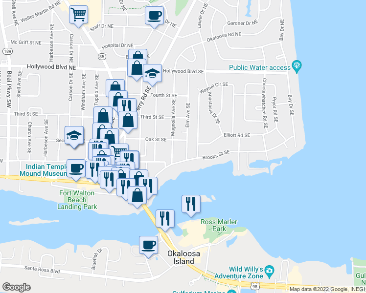 map of restaurants, bars, coffee shops, grocery stores, and more near 124 Elm Avenue Southeast in Eglin AFB