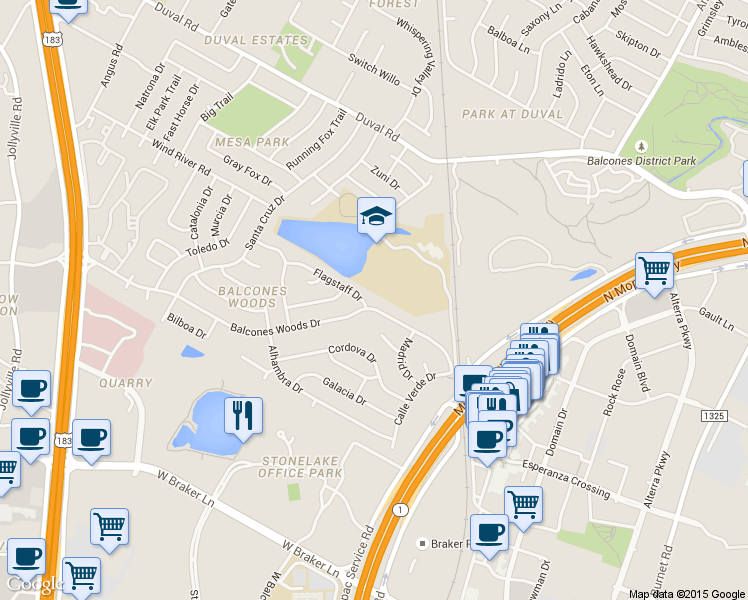 map of restaurants, bars, coffee shops, grocery stores, and more near 4104 Balcones Woods Drive in Austin