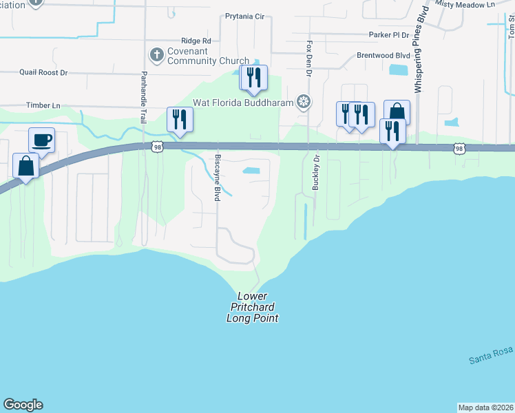 map of restaurants, bars, coffee shops, grocery stores, and more near 9383 Vandivere Drive in Navarre