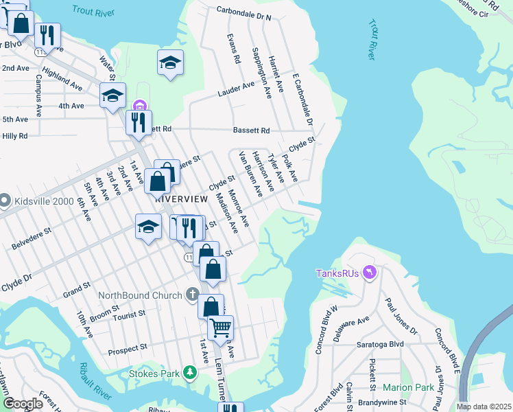 map of restaurants, bars, coffee shops, grocery stores, and more near 8973 Jackson Avenue in Jacksonville