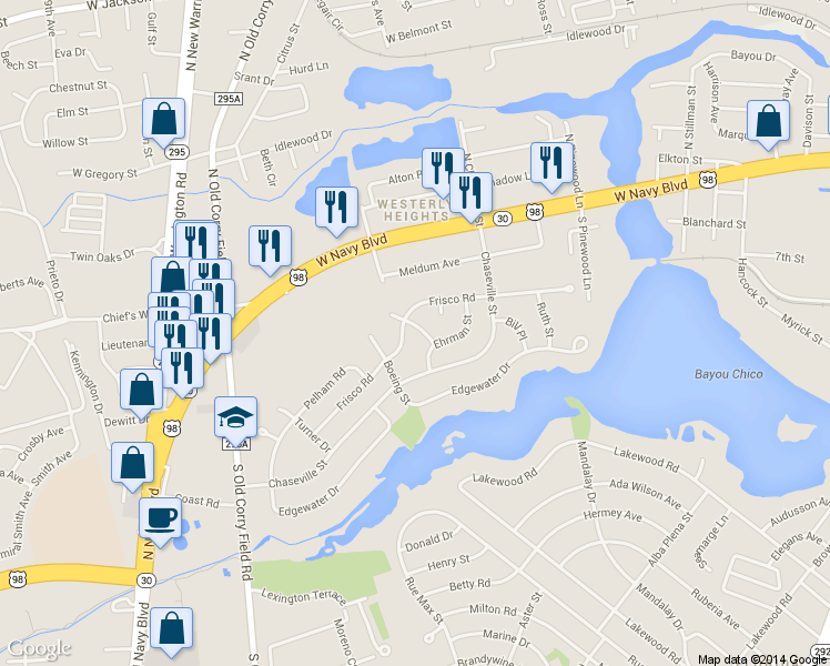 map of restaurants, bars, coffee shops, grocery stores, and more near 201 Earl Court in Pensacola