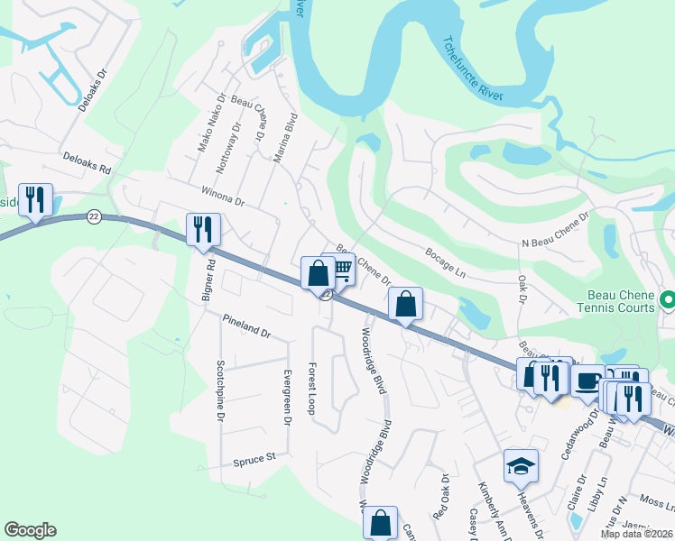 map of restaurants, bars, coffee shops, grocery stores, and more near 106 Pecaniere Pl in Mandeville