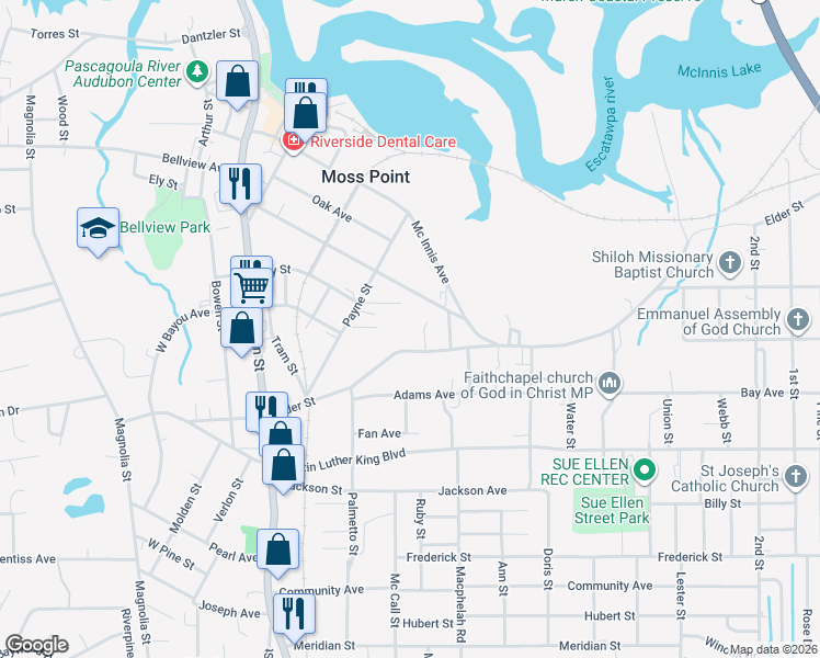 map of restaurants, bars, coffee shops, grocery stores, and more near 4643 Elder Street in Moss Point