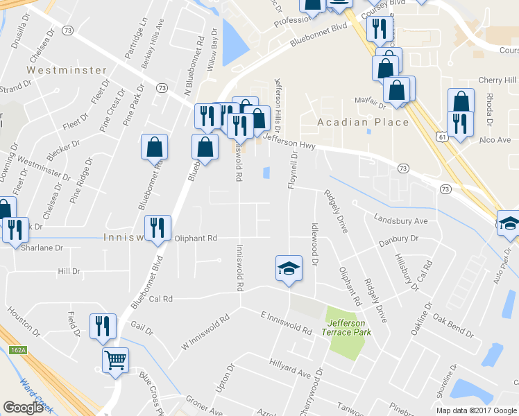 map of restaurants, bars, coffee shops, grocery stores, and more near 9808 Grenwich Avenue in Baton Rouge
