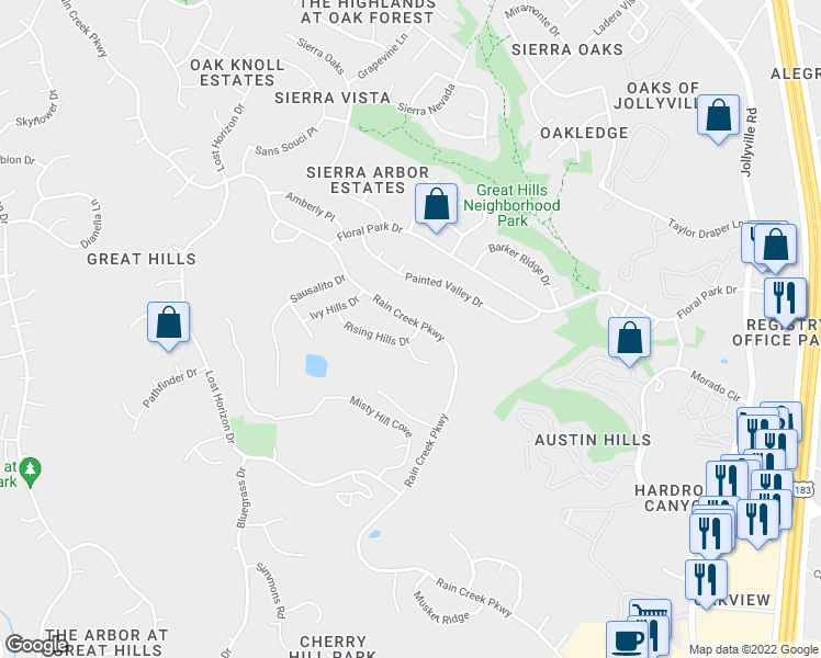map of restaurants, bars, coffee shops, grocery stores, and more near 5803 Rain Creek Parkway in Austin