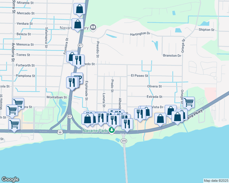 map of restaurants, bars, coffee shops, grocery stores, and more near 1982 Prado Street in Navarre