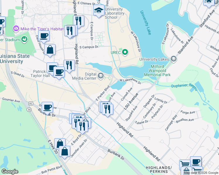 map of restaurants, bars, coffee shops, grocery stores, and more near 1 Rue Sorbonne in Baton Rouge