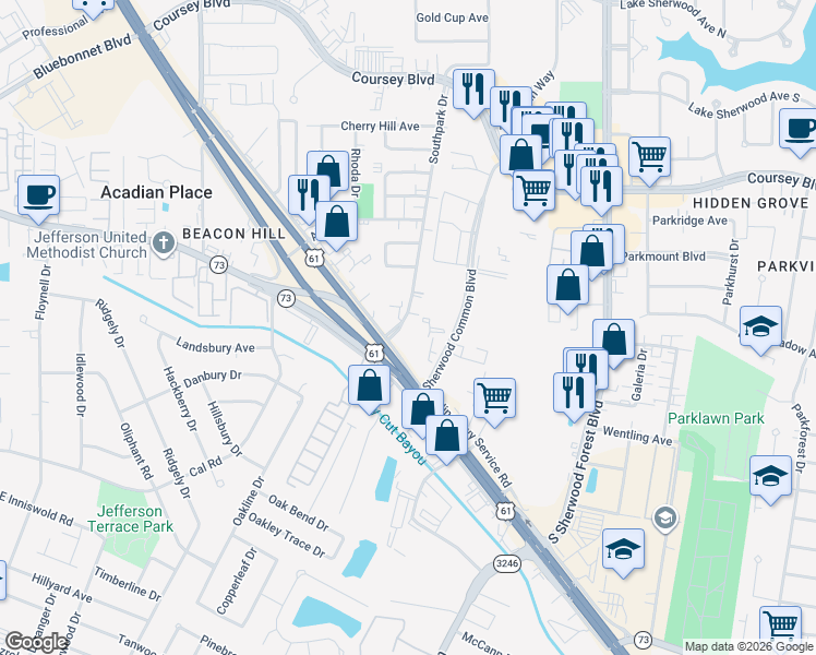 map of restaurants, bars, coffee shops, grocery stores, and more near Park Drive in Baton Rouge