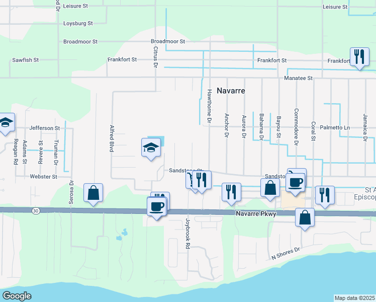 map of restaurants, bars, coffee shops, grocery stores, and more near 1969 Amhurst Court in Navarre