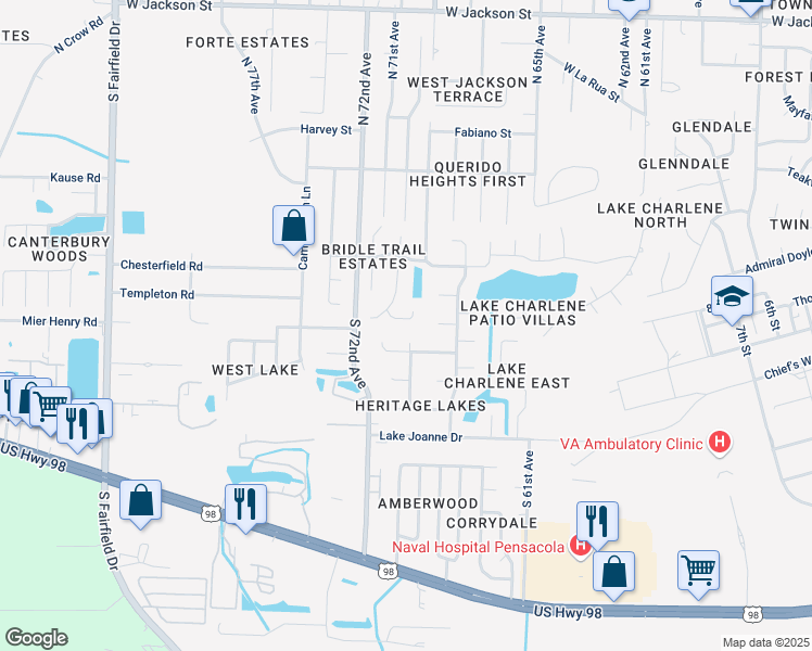map of restaurants, bars, coffee shops, grocery stores, and more near 354 Arabian Circle in Pensacola