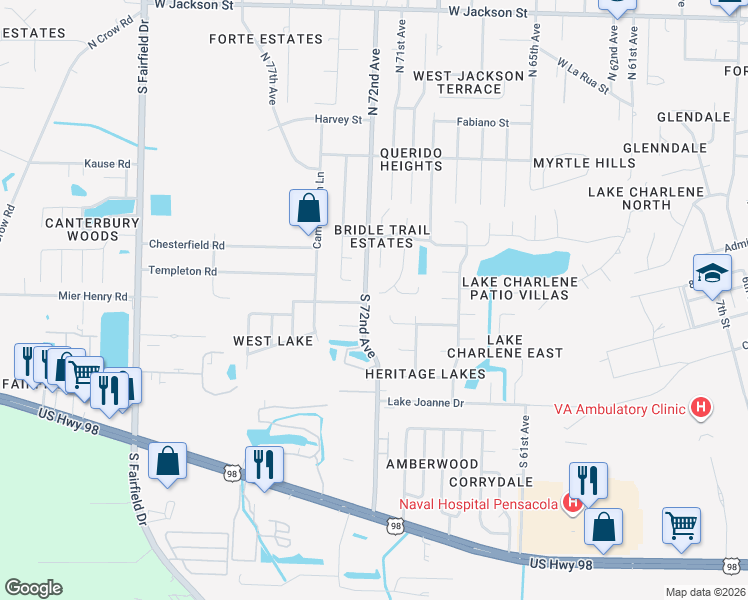 map of restaurants, bars, coffee shops, grocery stores, and more near 364 Arabian Drive in Pensacola