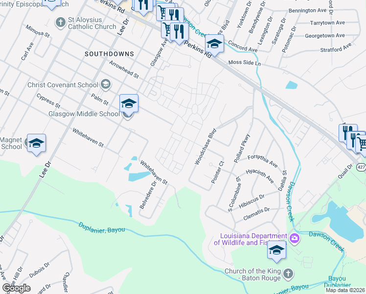 map of restaurants, bars, coffee shops, grocery stores, and more near 1725 Woodchase Boulevard in Baton Rouge
