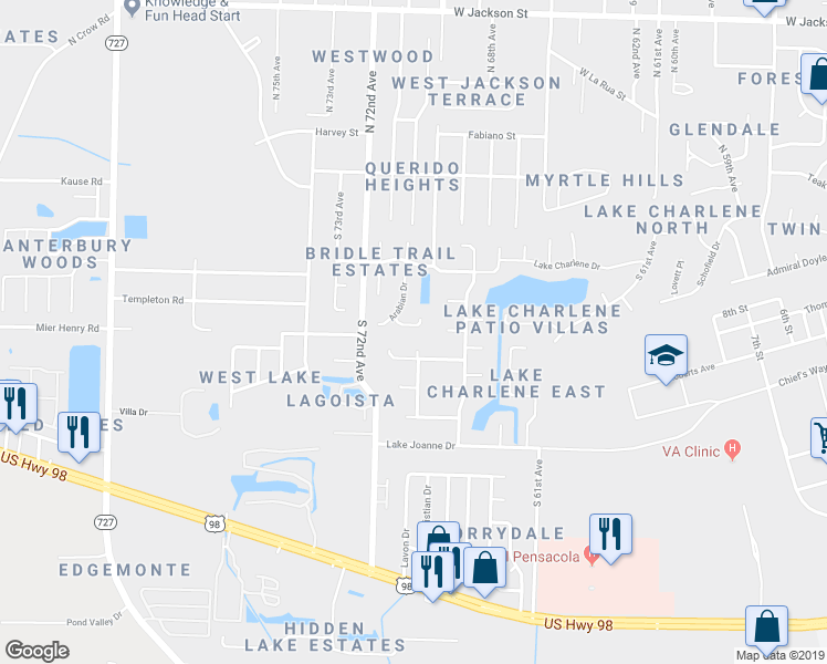 map of restaurants, bars, coffee shops, grocery stores, and more near 354 Arabian Circle in Pensacola