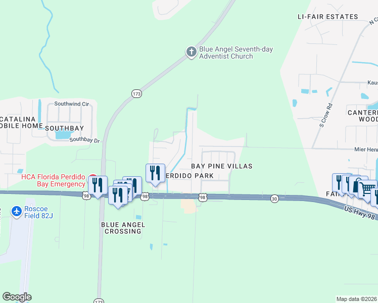 map of restaurants, bars, coffee shops, grocery stores, and more near 423 El Matador Trail in Pensacola