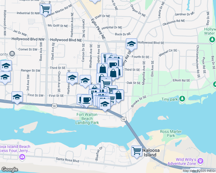 map of restaurants, bars, coffee shops, grocery stores, and more near 136 Ferry Road Southeast in Fort Walton Beach