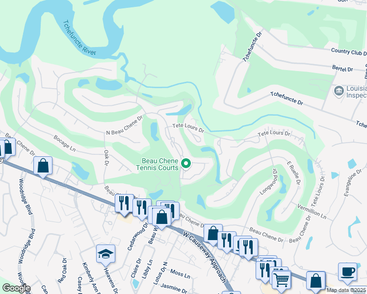 map of restaurants, bars, coffee shops, grocery stores, and more near 645 North Beau Chene Drive in Mandeville