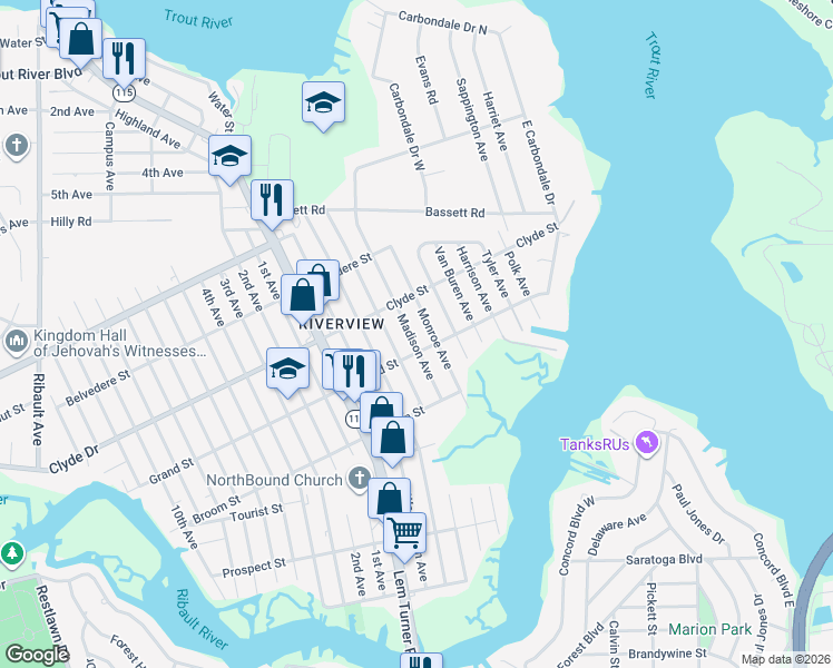 map of restaurants, bars, coffee shops, grocery stores, and more near 9014 Monroe Avenue in Jacksonville