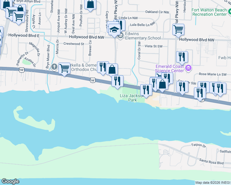 map of restaurants, bars, coffee shops, grocery stores, and more near 348 Miracle Strip Parkway Southwest in Fort Walton Beach