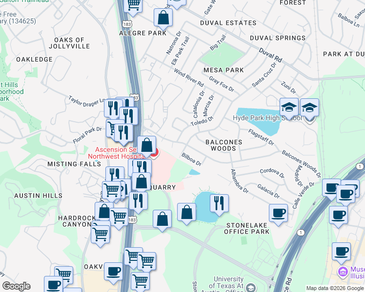 map of restaurants, bars, coffee shops, grocery stores, and more near 4701 Balcones Woods Drive in Austin