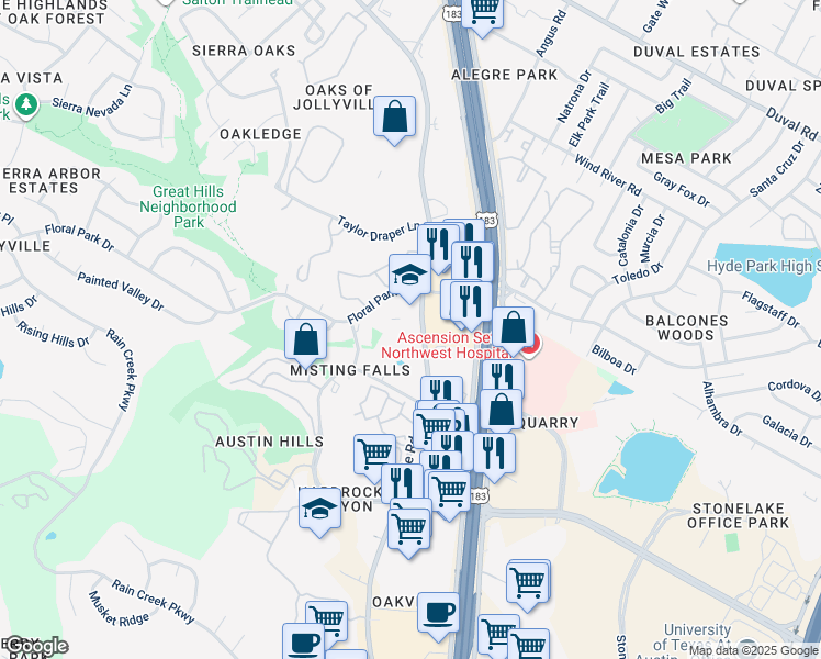 map of restaurants, bars, coffee shops, grocery stores, and more near 11028 Jollyville Road in Austin
