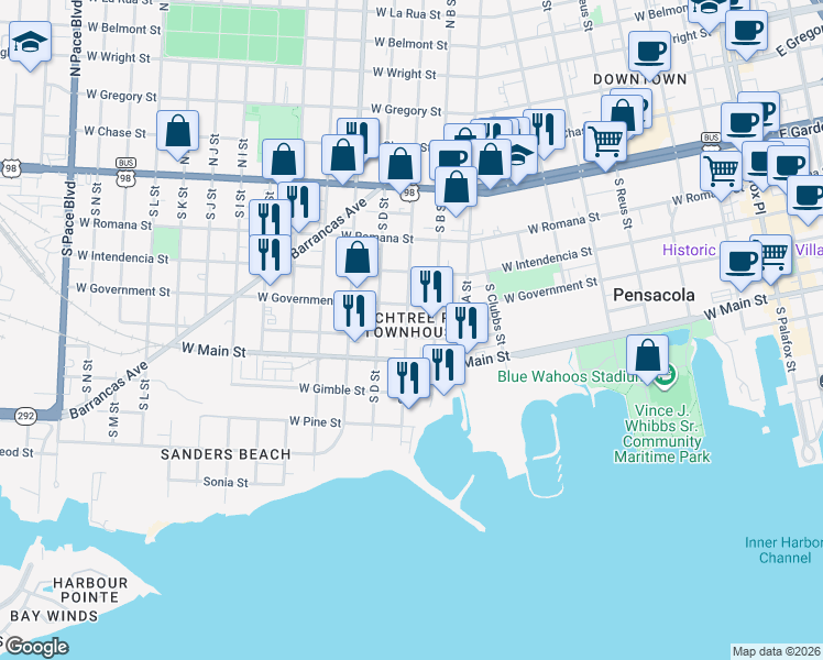 map of restaurants, bars, coffee shops, grocery stores, and more near 370 South C Street in Pensacola