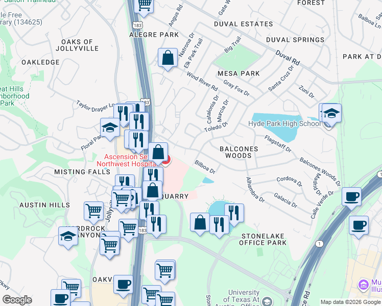 map of restaurants, bars, coffee shops, grocery stores, and more near 4701 Balcones Woods Drive in Austin