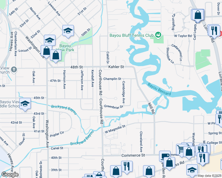 map of restaurants, bars, coffee shops, grocery stores, and more near 1440 Champlin Circle in Gulfport