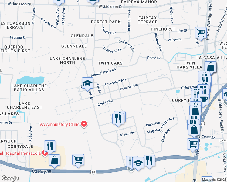map of restaurants, bars, coffee shops, grocery stores, and more near Roberts Avenue in Pensacola