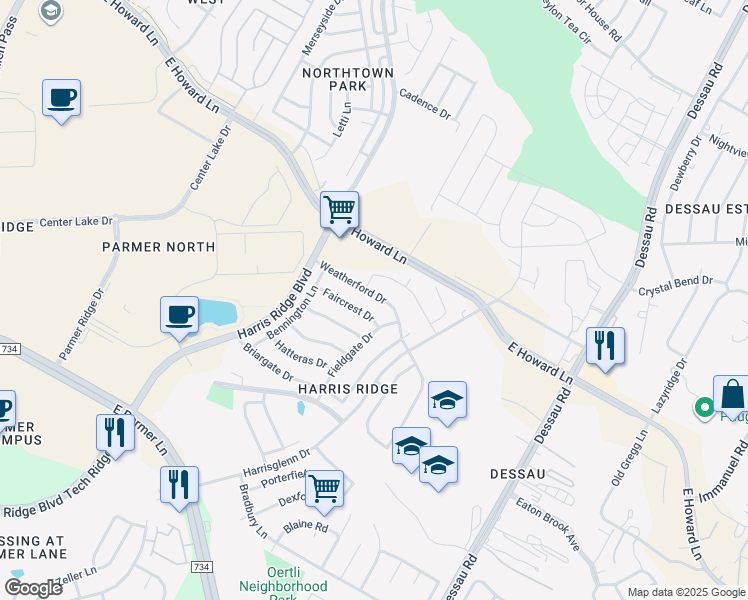 map of restaurants, bars, coffee shops, grocery stores, and more near 1205 Weatherford Drive in Austin
