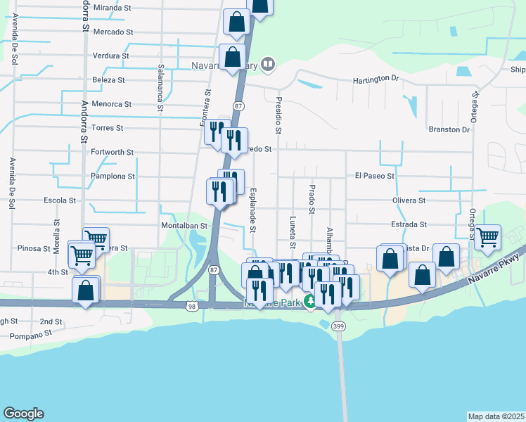 map of restaurants, bars, coffee shops, grocery stores, and more near 8477 Barrancas Street in Navarre